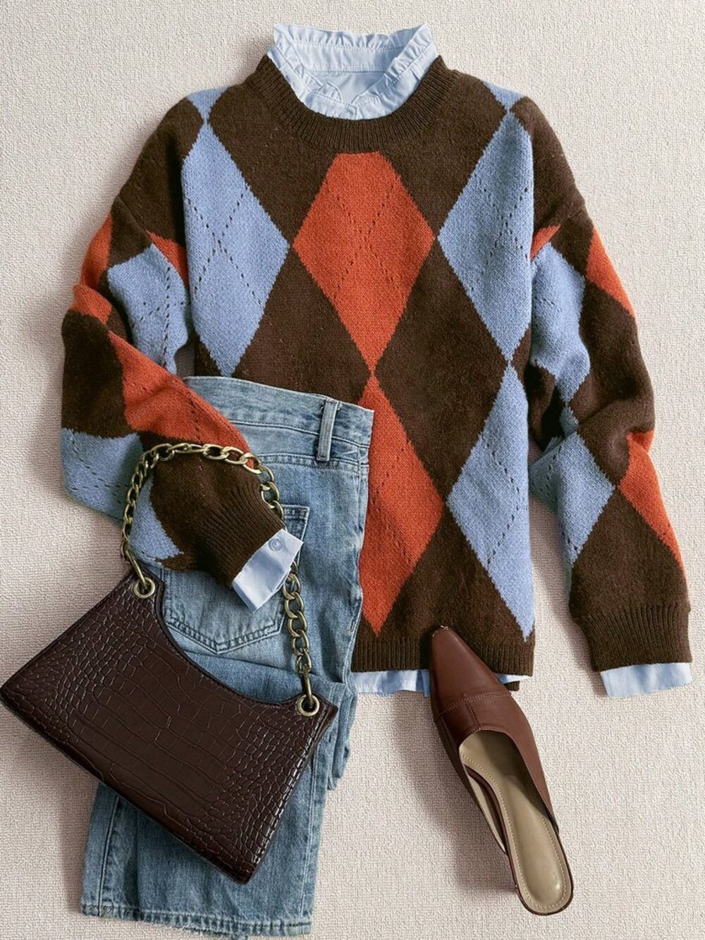 Reddish Brown Casual Women's Loose Rib-Knit Geometric Crew Neck Pullover Sweater - Picture 3 of 6